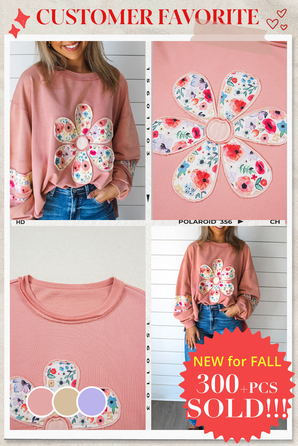 Peach Blossom Flower Applique Patchwork Drop Sleeve Pullover Sweatshirt